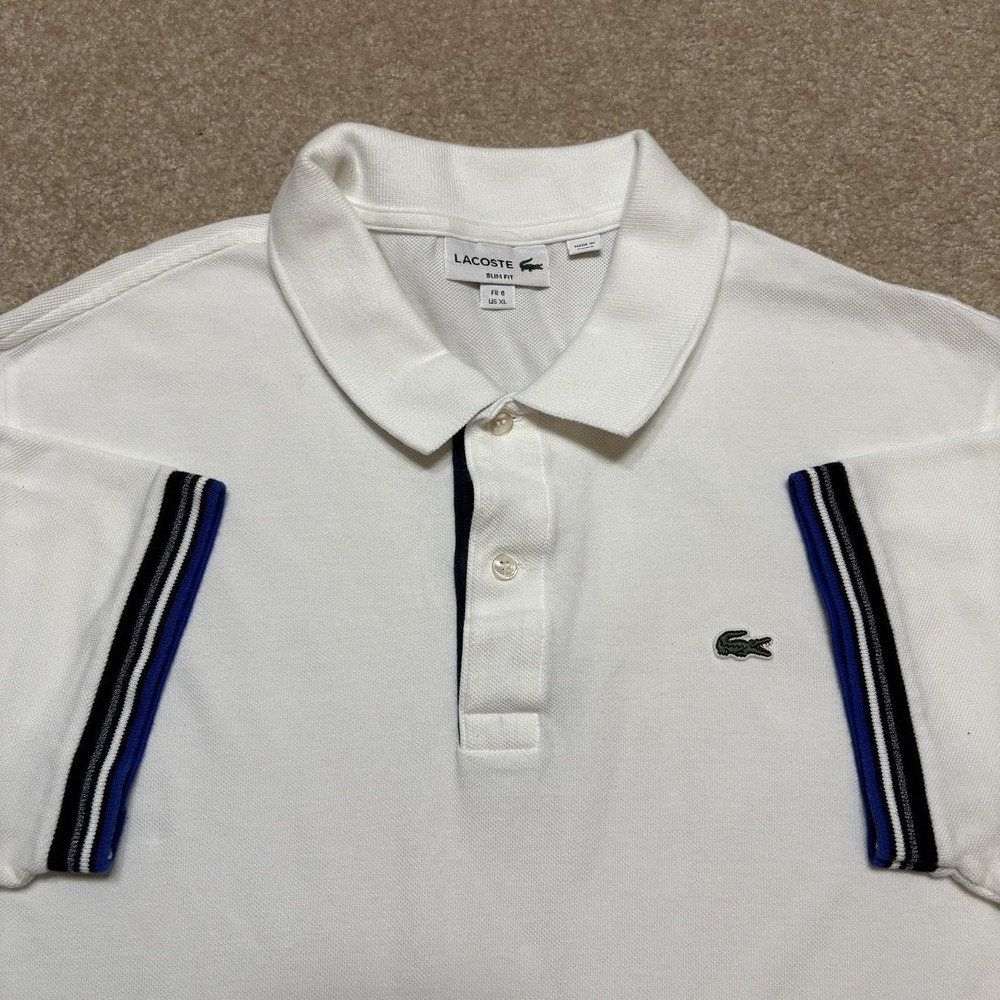 Lacoste Polo Shirt Womens XL White Slim Fit Pique Cotton Short Sleeve Croc Logo
